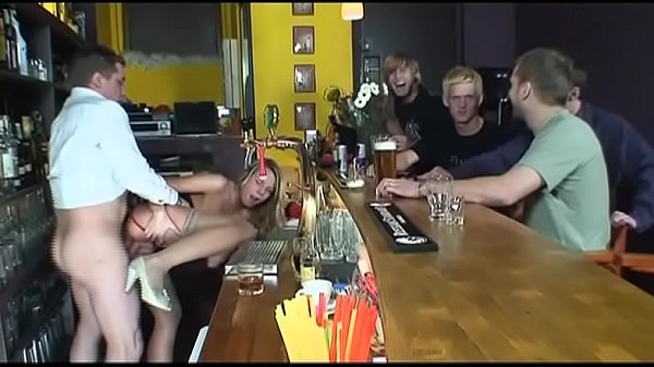 Gangbang in a bar with blonde girl